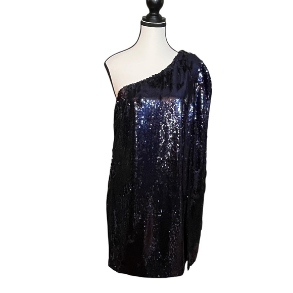 REISS Eva Sequin Cape One Shoulder Mini Dress in Blue Size 8 Party Holiday - Picture 4 of 8